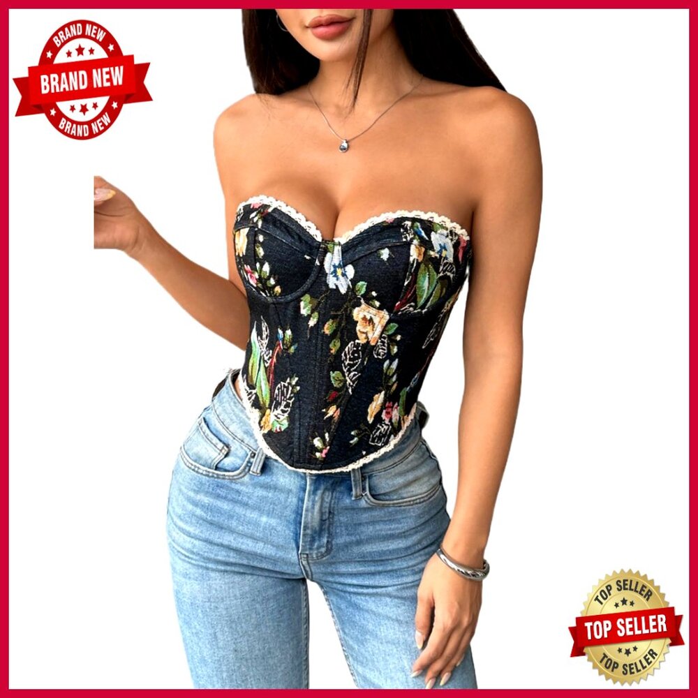 Strapless Corset Top Lace Trim Floral Bustier Crop Tube Small